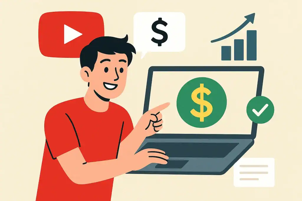 Ilustrasi kreator YouTube sedang mengelola channel di laptop