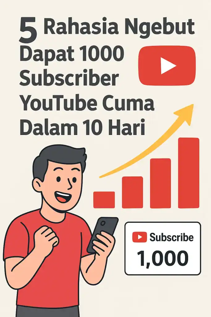 Ilustrasi bergaya kartun 2D menampilkan seorang pria memakai kaos merah sedang memegang ponsel dengan ekspresi gembira. Di sampingnya ada grafik batang merah yang menanjak dengan panah kuning ke atas, ikon YouTube berwarna merah, serta teks besar bertuliskan “5 Rahasia Ngebut Dapat 1000 Subscriber YouTube Cuma Dalam 10 Hari.” Di bagian bawah terlihat tombol “Subscribe” dengan angka 1.000.