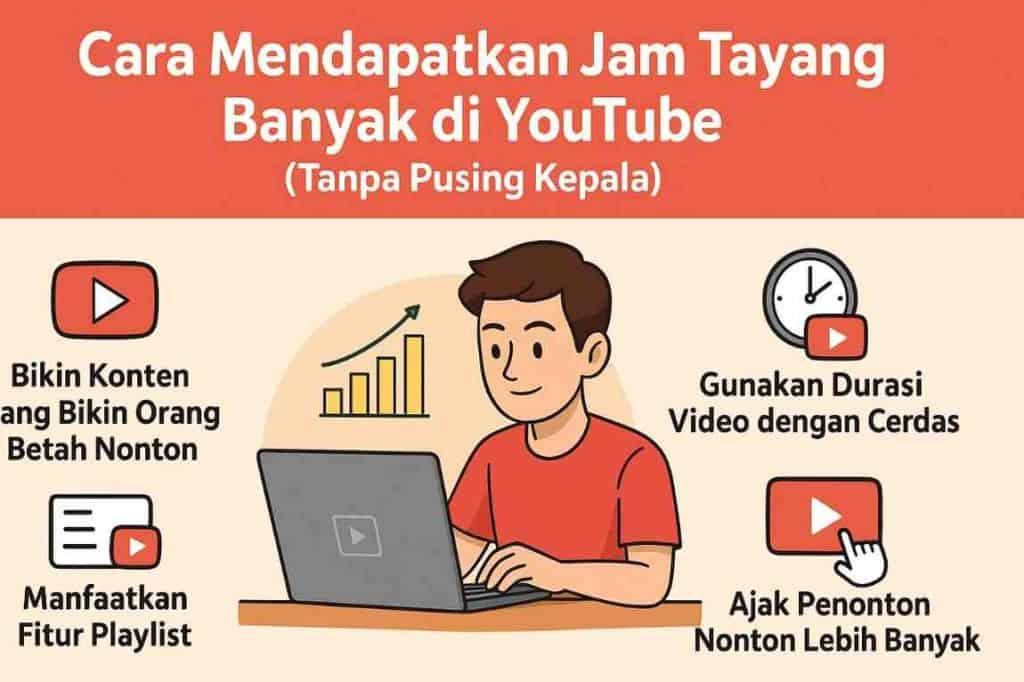 Ilustrasi tips cara mendapatkan jam tayang banyak di YouTube tanpa pusing kepala. Di tengah gambar, seorang pria sedang mengetik di laptop dengan ikon grafik naik di belakangnya. Di sekelilingnya terdapat empat tips dengan ikon YouTube:

1. Bikin konten yang bikin orang betah nonton.
2. Manfaatkan fitur playlist.
3. Gunakan durasi video dengan cerdas.
4. Ajak penonton nonton lebih banyak.