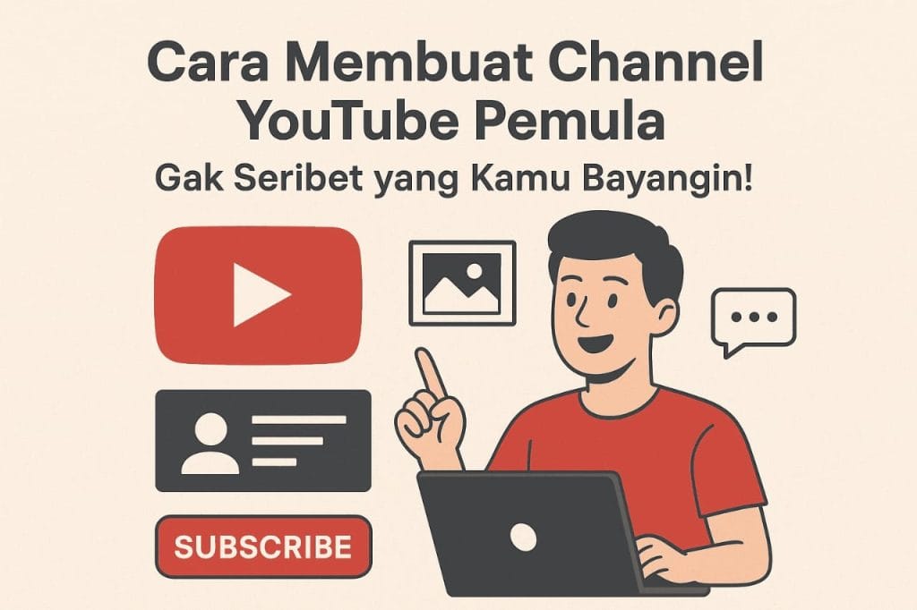 Ilustrasi bergaya flat berbahasa Indonesia yang menunjukkan cara membuat channel YouTube untuk pemula. Terlihat seorang pria tersenyum menggunakan laptop dengan ikon YouTube, tombol “SUBSCRIBE”, dan elemen profil di sekelilingnya. Teks utama berbunyi “Cara Membuat Channel YouTube Pemula Gak Seribet yang Kamu Bayangin