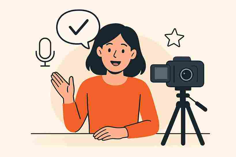 Ilustrasi seorang perempuan muda dengan rambut hitam sedang berbicara di depan kamera di atas tripod. Ia tampak percaya diri dan tersenyum sambil melambaikan tangan. Di sebelahnya terdapat ikon mikrofon dan tanda centang di dalam gelembung percakapan, melambangkan komunikasi lancar di depan kamera. Gaya gambar minimalis dengan warna hangat dan sederhana.