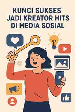 Ilustrasi seorang kreator konten wanita memegang kunci besar dan smartphone, dikelilingi ikon media sosial seperti like, video, dan lampu ide, dengan judul 'Kunci Sukses Jadi Kreator Hits di Media Sosial