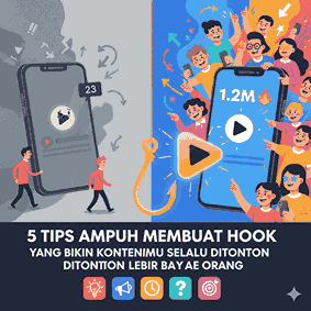 Visualisasi metafora 'Hook' konten. Sisi kiri menunjukkan ponsel dengan sedikit penonton dan notifikasi sedih (minim engagement). Sisi kanan menunjukkan kerumunan besar orang menunjuk ke ponsel yang menampilkan 1.2M views. Kail emas besar berfungsi sebagai jembatan yang menghubungkan konten dan audiens yang masif.