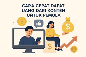 Ilustrasi flat-style bertema “Cara Cepat Dapat Uang dari Konten untuk Pemula”. Menampilkan dua karakter, seorang pria memegang ponsel di depan layar komputer dan seorang wanita duduk di atas balok bergambar simbol dolar. Di sekitar mereka terdapat ikon uang, tanda suka (like), dan panah merah naik yang melambangkan pertumbuhan penghasilan dari konten digital.