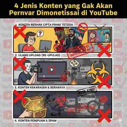 Infografis "4 Jenis Konten yang Nggak Akan Pernah Dimonetisasi di YouTube" menampilkan empat kategori utama: konten berhak cipta pihak ketiga, ulang upload, konten kekerasan & berbahaya, serta konten penipuan & spam, masing-masing digambarkan dengan ilustrasi visual dan tanda silang merah.