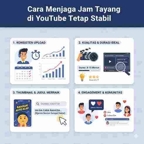Sebuah infografis berjudul "Cara Menjaga Jam Tayang di YouTube Tetap Stabil" menampilkan empat kartu yang menjelaskan tips:
KONSISTEN UPLOAD: Ilustrasi pria dengan jam dan grafik yang menunjukkan peningkatan watch time.
KUALITAS & DURASI IDEAL: Ilustrasi clapperboard, video player dengan durasi 8-15 menit, dan ikon bohlam untuk kualitas.
THUMBNAIL & JUDUL MERRAIK: Ilustrasi thumbnail menarik dan judul yang memicu rasa penasaran, dengan tangan mengklik.
ENGAGEMENT & KOMUNITAS: Ilustrasi orang-orang berinteraksi dengan hati, tombol Like & Subscribe, dan kolom komentar.