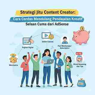 Infografis berjudul 'Strategi Jitu Content Creator: Cara Cerdas Mendulang Pendapatan Kreatif Selain Cuma dari AdSense'. Diagram menampilkan lima sumber pendapatan utama selain AdSense yang diwakili oleh ikon: Merchandise, Produk Digital, Online Courses, Paid Memberships/Subscription, dan Brand Streaming atau Tips."