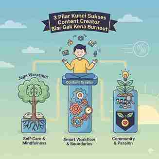 "Infografis berjudul '3 Pilar Kunci Sukses Content Creator Biar Gak Kena Burnout'. Tiga pilar tersebut adalah: (1) Self-Care & Mindfulness (diwakili oleh pohon otak yang tumbuh dari buku), (2) Smart Workflow & Boundaries (diwakili oleh kolom berisi roda gigi dan jam), dan (3) Community & Passion (diwakili oleh tanaman yang disirami dengan ikon komunitas dan hati)."