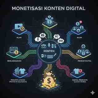 Infografis berjudul "MONETISASI KONTEN DIGITAL". Di tengah terdapat ikon yang mewakili "KONTEN" (seperti kamera, mikrofon, keyboard) yang terhubung ke enam metode monetisasi di sekelilingnya, dan semuanya mengarah ke kantong uang di bagian bawah.