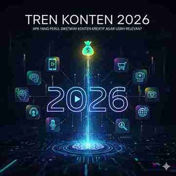 Infografis futuristik berjudul "TREN KONTEN 2026" dengan subjudul "APA YANG PERLU DIKETIAWI KONTEN KREATIF AGAR LEBIH RELEVAN?". Angka besar "2026" neon digital berada di tengah, memancarkan cahaya biru terang dari ikon otak di bawahnya ke kantong uang di atas
