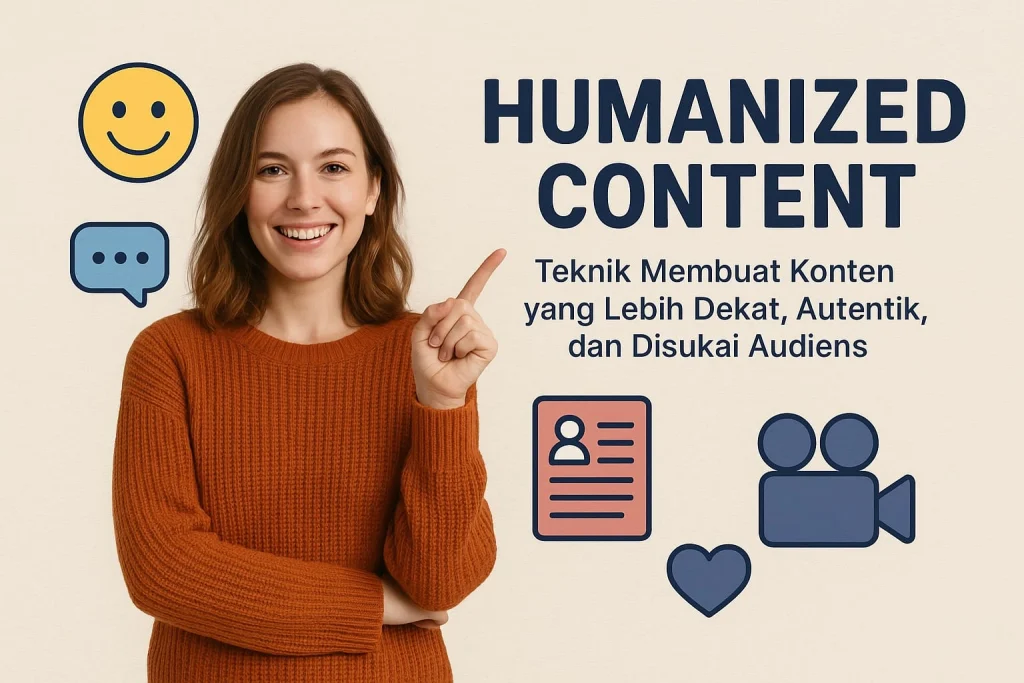 "Seorang wanita muda tersenyum sambil menunjuk ke arah judul ‘Humanized Content: Teknik Membuat Konten yang Lebih Dekat, Autentik, dan Disukai Audiens’. Di sekelilingnya terdapat ikon senyum, ikon chat, ikon profil, ikon kamera video, dan ikon hati sebagai elemen visual pendukung tema konten yang humanis."