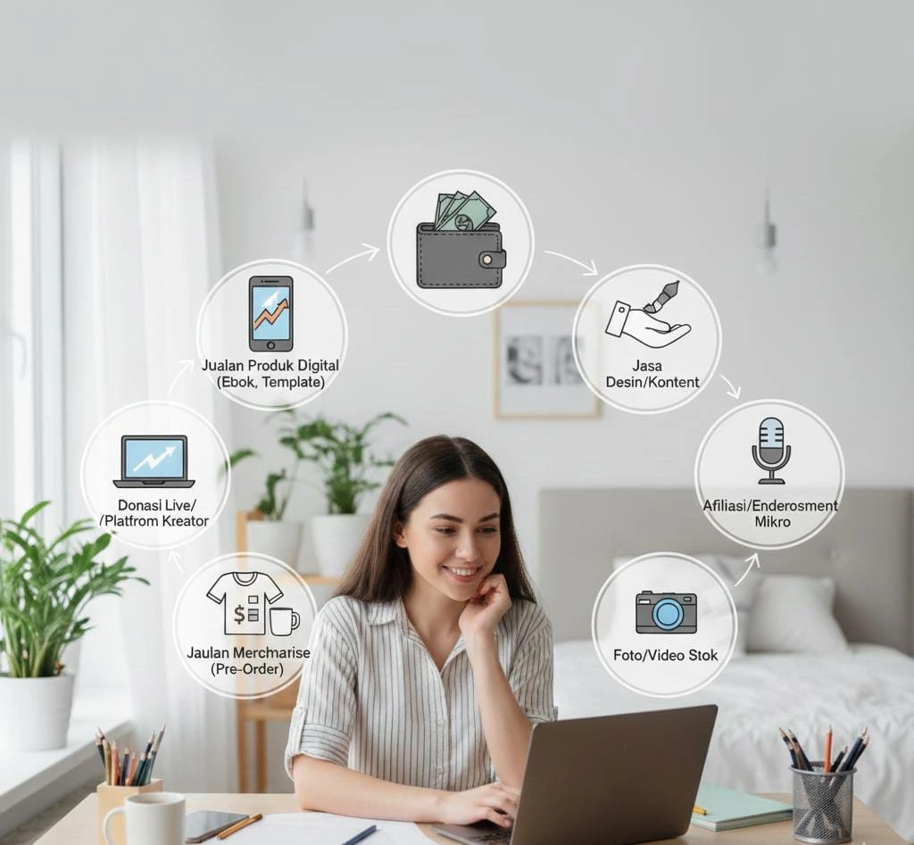 "Ilustrasi seorang kreator konten wanita muda tersenyum yang sedang bekerja di meja dengan perlengkapan editing (laptop, tablet, smartphone di tripod) dikelilingi ikon-ikon strategi penghasilan bagi kreator pemula. Ikon-ikon tersebut adalah: ENDORSEMENT (jempol ke atas), ADSENSE/IKLAN (kamera dengan simbol dolar), LIVE STREAMING & DONASI (simbol panggung dan simbol orang berdonasi), DIGITAL PRODUCT (Ebook, Kursus) (tumpukan buku), PODCAST & MUSIK (mikrofon), MERCHANDISE (kaos dan mug), dan AFILIASI & PROPERTI DIGITAL (rumah dengan panah). Gambar ini secara visual menunjukkan beragam cara kreator bisa menghasilkan pendapatan harian tanpa bergantung pada jumlah followers yang besar."