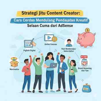Infografis berjudul "Strategi Jitu Content Creator: Cara Cerdas Mendulang Pendapatan Kreatif Selain Cuma dari AdSense". Menampilkan lima sumber pendapatan utama: Produk Digital, Online Courses, Paid Memberships/Subscription, Merchandise, dan Brand Streaming/Donasi Tips.
