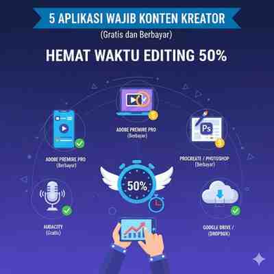 Infografis berjudul "5 Aplikasi Wajib Konten Kreator" dengan subjudul "Hemat Waktu Editing 50%". Aplikasi yang ditampilkan adalah Adobe Premiere Pro (Berbayar) untuk desktop dan mobile, Procreate/Photoshop (Berbayar) untuk grafis, Audacity (Gratis) untuk audio, dan Google Drive/Dropbox untuk penyimpanan cloud.