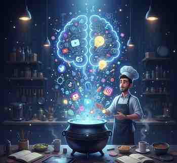 Seorang koki kartun tersenyum berdiri di dapur yang modern dengan pencahayaan neon. Dia menunjuk ke sebuah kuali besar di depannya yang mengeluarkan cahaya biru terang, dari mana berbagai ikon media sosial (YouTube, Instagram, TikTok, Twitter) dan ide-ide kreatif (bola lampu, mikrofon, kamera, not musik) berhamburan keluar. Di atasnya, sebuah ilustrasi otak bercahaya neon dengan sirkuit dan ikon-ikon digital menunjukkan proses pemikiran kreatif. Meja dapur penuh dengan buku terbuka, tablet, dan perlengkapan membuat konten. Gambar ini mewakili "dapur kreatif" dan proses menghasilkan ide konten yang inovatif.