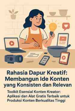 "Ilustrasi seorang wanita tersenyum mengenakan celemek oranye, memegang bohlam menyala yang melambangkan ide. Ia berada di depan meja dapur dengan laptop menampilkan ikon play, kamera, formulir, mangkuk, tablet, dan smartphone yang juga menampilkan ikon play. Latar belakangnya adalah dapur dengan tanaman dan peralatan masak. Di bagian bawah terdapat judul teks: 'Rahasia Dapur Kreatif: Membangun Ide Konten yang Konsisten dan Relevan' dan sub-judul: 'Toolkit Esensial Konten Kreator: Aplikasi dan Alat Gratis Terbaik untuk Produksi Konten Berkualitas Tinggi'."