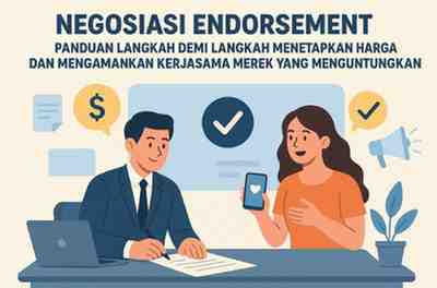 Ilustrasi seorang influencer wanita dan perwakilan brand sedang berdiskusi tentang kerja sama endorsement. Sang influencer menunjukkan ponsel dengan ikon hati, sementara perwakilan brand menandatangani dokumen. Terdapat ikon uang, checklist, dan megafon yang melambangkan proses negosiasi dan penetapan harga endorsement.