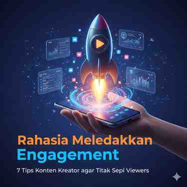 Ilustrasi digital yang menunjukkan tangan memegang smartphone dengan roket peluncur yang menyala keluar dari layar ponsel, melambangkan pertumbuhan eksplosif. Roket dikelilingi oleh grafis pertumbuhan, ikon like, heart, dan komentar yang menunjukkan engagement tinggi. Di bawahnya terdapat teks "Rahasia Meledakkan Engagement: 7 Tips Konten Kreator agar Tidak Sepi Viewers".