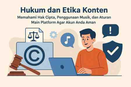 "Ilustrasi seorang pria tersenyum sambil bekerja di laptop, melambangkan konten kreator yang patuh hukum. Di sebelah kirinya terdapat simbol hak cipta (huruf C besar dalam lingkaran), palu hakim, dan dokumen dengan ikon timbangan hukum. Di atasnya terdapat ikon not musik (penggunaan musik) dan ikon perisai dengan tanda centang (keamanan akun). Di bagian atas terdapat judul teks: 'Hukum dan Etika Konten' dan sub-judul: 'Memahami Hak Cipta, Penggunaan Musik, dan Aturan Main Platform Agar Akun Anda Aman'."