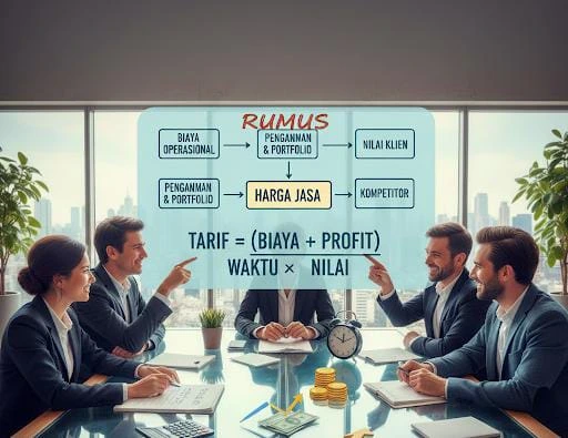 ​"Ilustrasi sekelompok profesional (manusia nyata) yang sedang rapat di meja konferensi. Di tengah meja terdapat tumpukan koin emas, uang tunai, kalkulator, dan jam alarm, melambangkan perhitungan bisnis dan waktu. Di atas mereka terdapat diagram alir dan rumus yang menjelaskan cara menentukan harga jasa konten yang adil dan menguntungkan. Rumus tersebut menyoroti faktor-faktor seperti Biaya Operasional, Pengalaman & Portofolio, Nilai Klien, Kompetitor, Waktu, dan Profit."