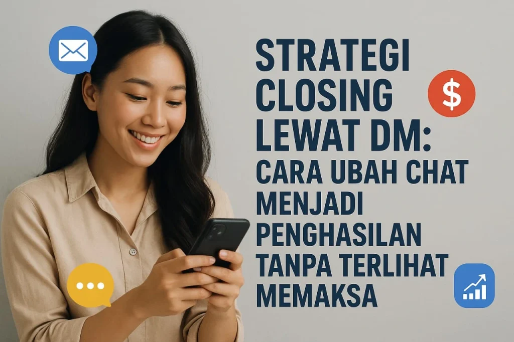 "Seorang wanita sedang tersenyum sambil melihat ponsel, dengan ikon pesan, ikon percakapan, ikon grafik naik, dan ikon simbol dolar di sekitarnya. Di sisi kanan terdapat teks besar bertuliskan 'Strategi Closing Lewat DM: Cara Ubah Chat Menjadi Penghasilan Tanpa Terlihat Memaksa'."
