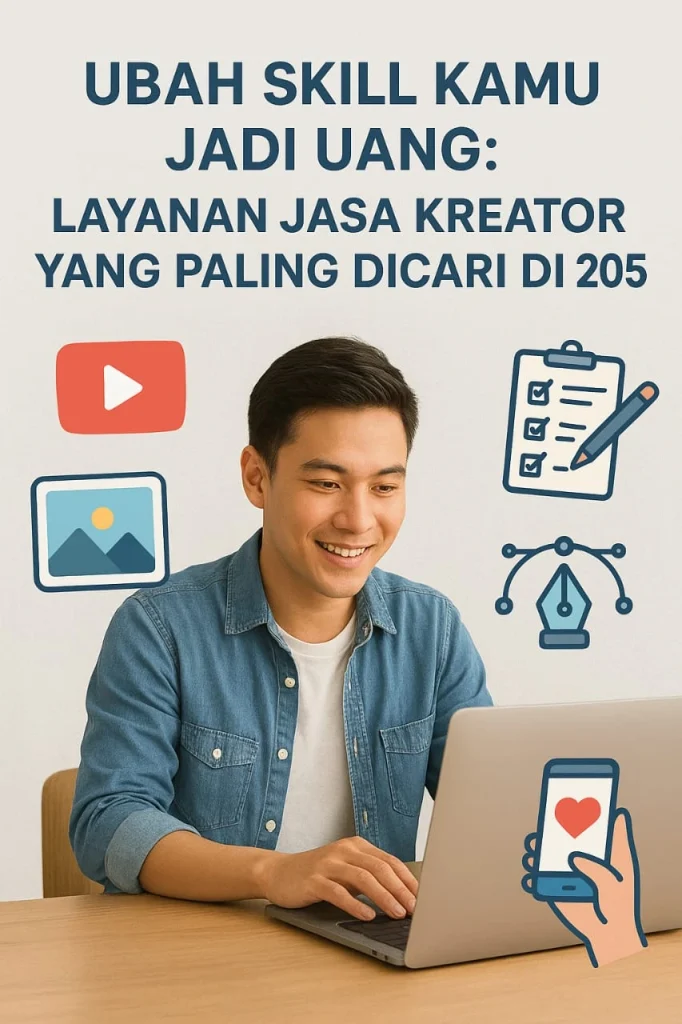 “Seorang pria muda sedang bekerja di depan laptop dengan tampilan ilustrasi ikon-ikon kreator digital seperti YouTube, desain grafis, checklist, dan media sosial, disertai judul ‘Ubah Skill Kamu Jadi Uang: Layanan Jasa Kreator yang Paling Dicari di 2025’ sebagai visual promosi layanan kreator.”