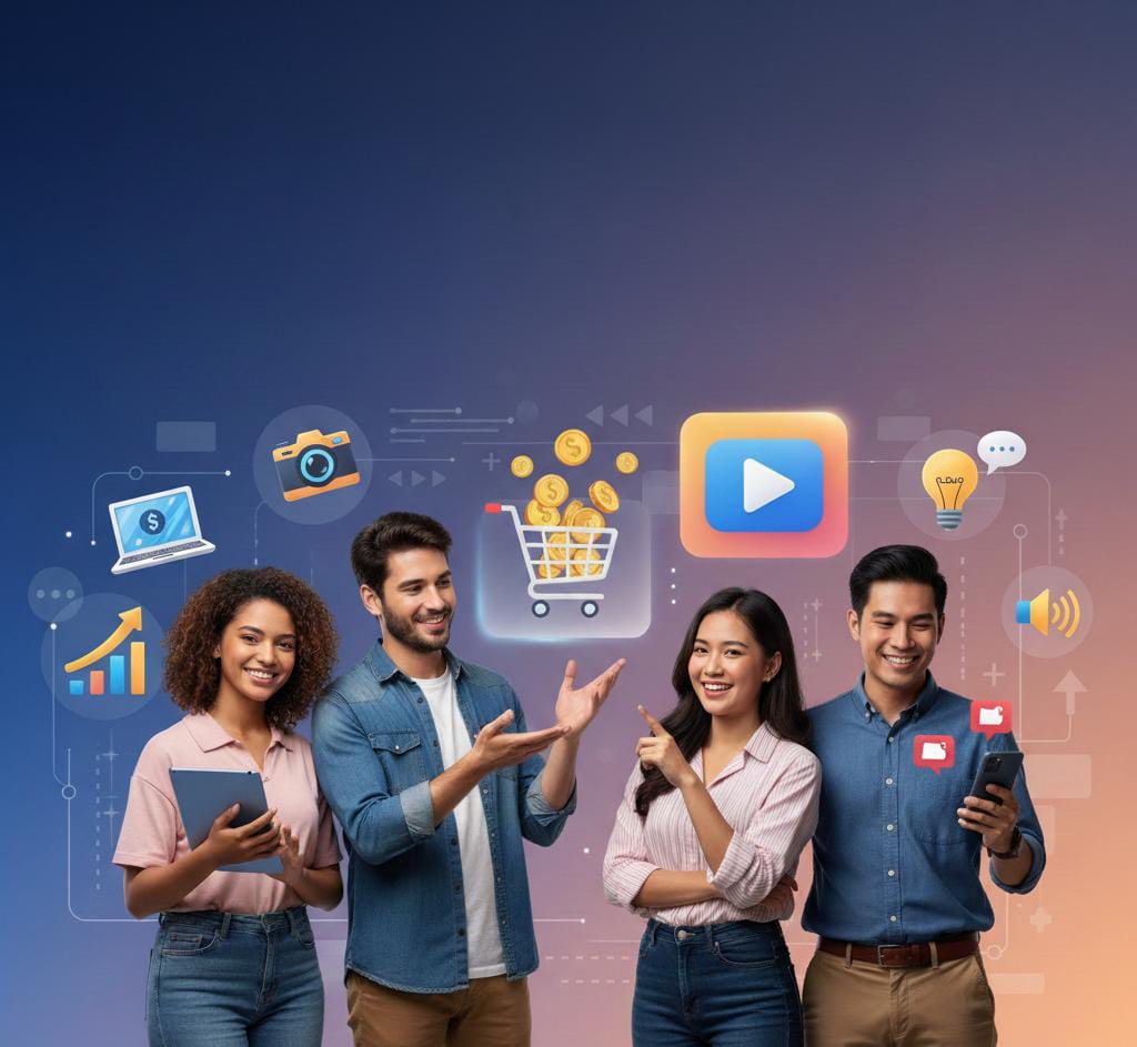 "Ilustrasi empat orang dewasa muda (dua pria dan dua wanita) yang tersenyum dan berinteraksi di tengah-tengah ikon yang melambangkan pemasaran afiliasi dan pembuatan konten. Ikon-ikon tersebut meliputi laptop dengan tanda dolar, grafik pertumbuhan, kamera, keranjang belanja yang penuh dengan koin emas, tombol putar (video/YouTube), dan lampu bohlam ide. Latar belakang berwarna biru dan oranye yang gradien dan digital, menunjukkan tema teknologi dan bisnis online. Gambar ini menyampaikan ide tentang Affiliate Marketing untuk Kreator."