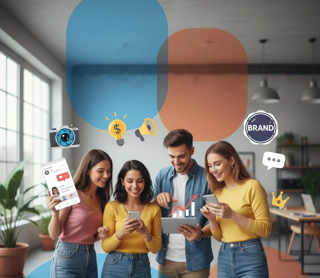 "Empat orang dewasa muda (satu pria, tiga wanita) yang tersenyum dan fokus pada perangkat digital mereka di lingkungan kantor atau studio yang cerah. Mereka merepresentasikan konten kreator. Di atas mereka, terdapat judul besar 'CARA BIKIN KONTEN YANG MENARIK BRAND: TIPS SUPAYA KAMU DILIRIK UNTUK ENDORSEMENT' dengan ikon-ikon yang mewakili kamera, uang, dan megafon".