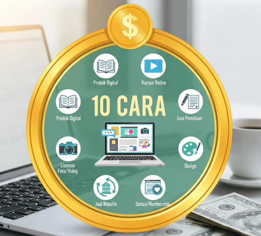 "Infografis 10 Cara Mendapatkan Penghasilan dari Konten Tanpa Menjadi Influencer, mencakup produk digital, kursus online, jasa penulisan, lisensi stok foto/video, desain, afiliasi, dan donasi membership".