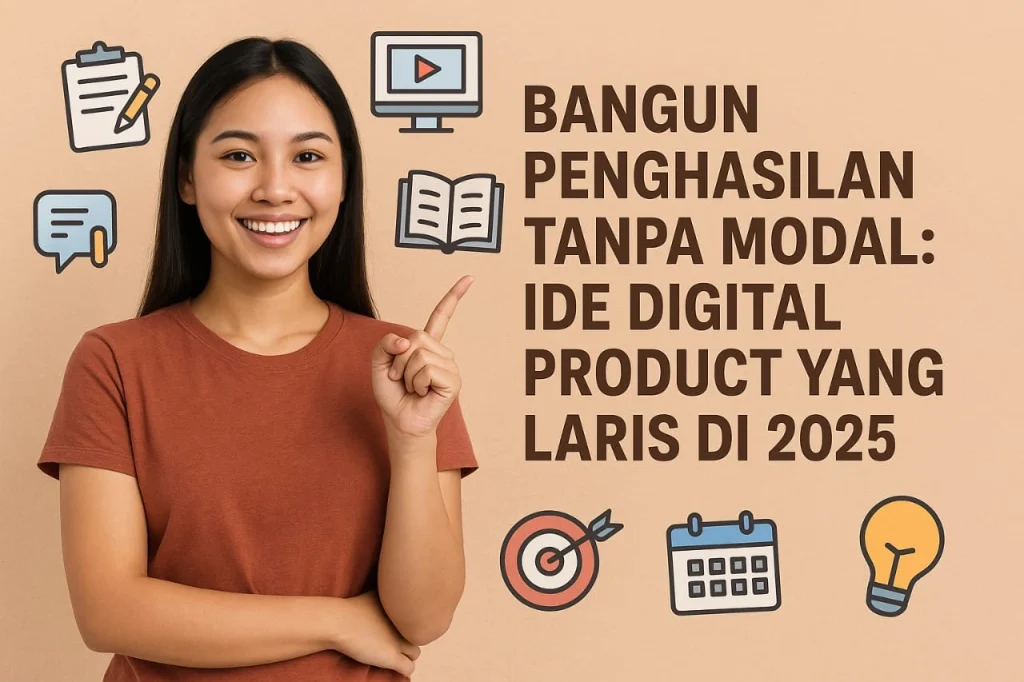 "Seorang wanita muda tersenyum sambil menunjuk ke arah judul besar di sebelah kanan yang bertuliskan ‘Bangun Penghasilan Tanpa Modal: Ide Digital Product yang Laris di 2025’. Di sekelilingnya terdapat ikon-ikon digital seperti buku, monitor video, percakapan, target, kalender, dan lampu ide. Latar belakang berwarna krem dengan gaya ilustrasi modern dan elemen manusia nyata."