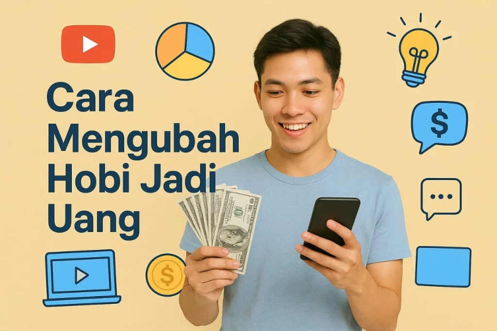 “Seorang pria muda memegang uang dolar dan smartphone sambil tersenyum, dikelilingi ikon YouTube, grafik, ide lampu, dan simbol uang, dengan teks ‘Cara Mengubah Hobi Jadi Uang’ di latar desain berwarna krem.”