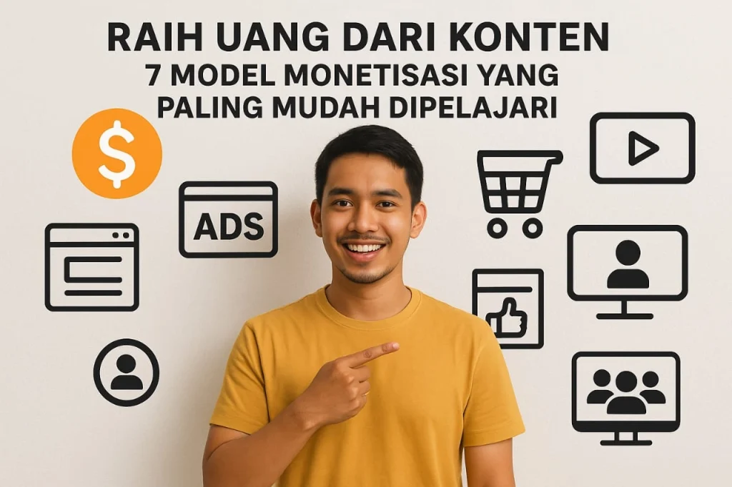 “Seorang laki-laki muda tersenyum sambil menunjuk ke samping, dikelilingi ikon-ikon digital seperti simbol uang, ads, video, keranjang belanja, like, dan avatar. Di bagian atas terdapat judul ‘Raih Uang dari Konten: 7 Model Monetisasi yang Paling Mudah Dipelajari’. Foto bergaya profesional dengan suasana modern dan layout 4:3.”