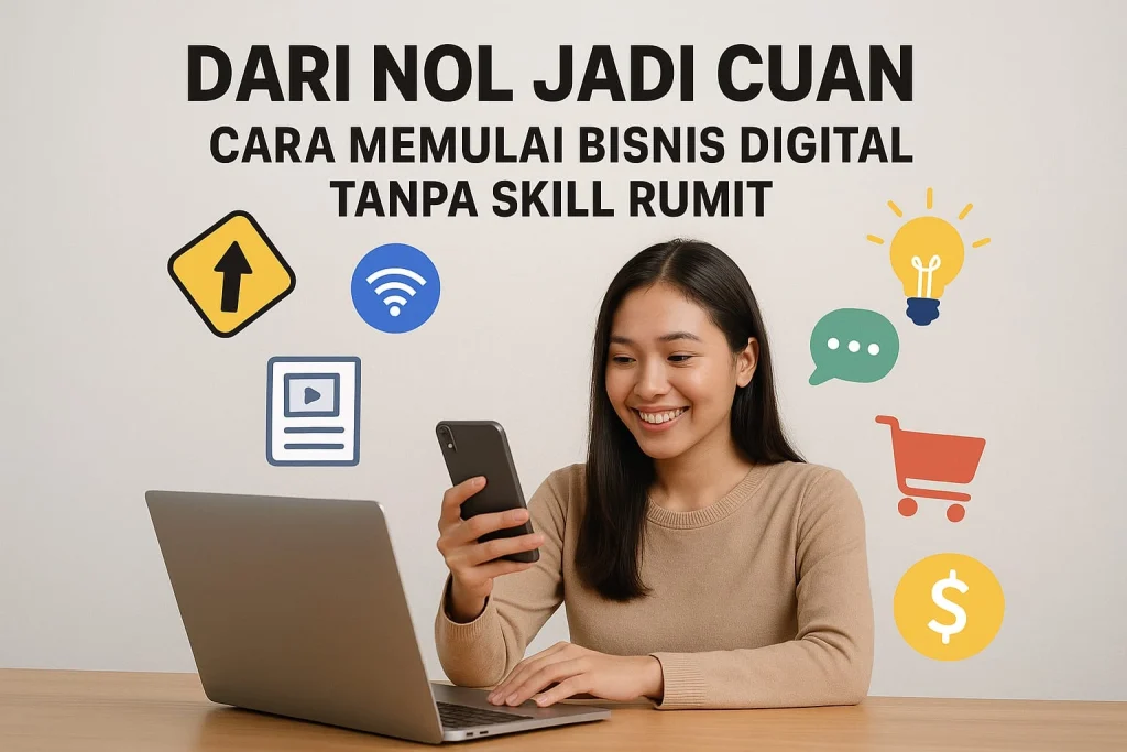 “Seorang wanita muda sedang bekerja di depan laptop sambil memegang smartphone, dikelilingi ikon-ikon digital seperti keranjang belanja, lampu ide, panah, wifi, dan chat bubble, dengan judul ‘Dari Nol Jadi Cuan: Cara Memulai Bisnis Digital Tanpa Skill Rumit’ di bagian atas.”