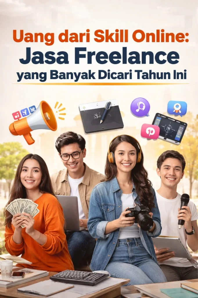 Ilustrasi manusia nyata dengan berbagai skill online seperti desain grafis, editing video, voice over, dan admin sosial media, dilengkapi ikon-ikon digital yang menggambarkan jasa freelance yang banyak dicari tahun ini.